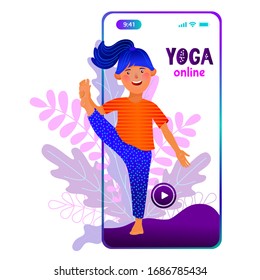 Cute girl doing yoga at home using smartphone application. Vector cartoon illustration for web, card, poster, t-shirt, advertisment, applications.