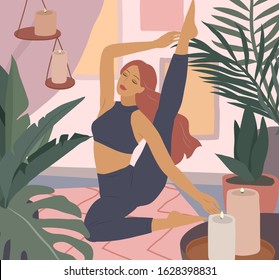 Cute girl doing yoga poses. Lifestyle by young woman in home interior with homeplants. Fashion illustration by femininity, beauty and mental health. Feminine cartoon illustration