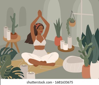 Cute girl doing yoga poses. Lifestyle by young woman in home interior with homeplants. Fashion illustration by femininity, beauty and mental health. Feminine cartoon illustration