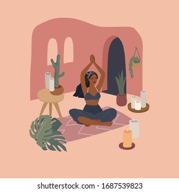 Cute girl doing yoga poses. Lifestyle by young woman in home interior with homeplants. Fashion illustration by femininity, beauty and mental health. Feminine cartoon illustration