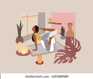 Cute girl doing yoga poses. Lifestyle by young woman in home interior with homeplants. Fashion illustration by femininity, beauty and mental health. Feminine cartoon illustration