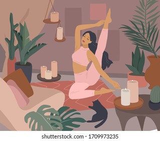 Cute girl doing yoga poses. Lifestyle by young woman in home interior with homeplants. Fashion illustration by femininity, beauty and mental health. Feminine cartoon illustration