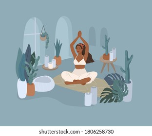 Cute girl doing yoga poses. Lifestyle by young woman in home interior with homeplants. Cartoon vector illustration