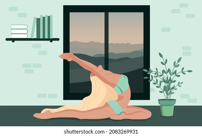 Cute girl doing yoga poses. Young woman lifestyle in home interior. Beauty and mental health. Vector illustration