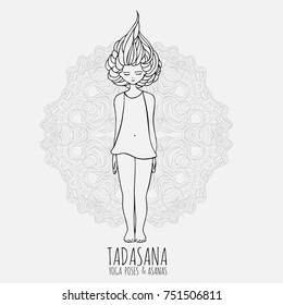 Cute girl doing yoga poses and asanas in hand-drawn style. Doodle vector illustration isolated on white background, with east mandala behind.