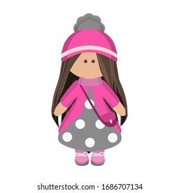 Cute Girl-Puppe mit langen Brunettenhaaren in einem gestrickten rosa Hut und einer Handtasche in grauem Polka-Dot-Kleid. Kindercartoon Charakter Lappen Puppe in Winterkleidung. Vektorgrafik