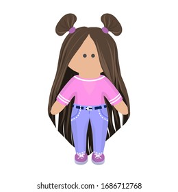 Cute Girl-Puppe mit langen Brunette-Haaren auf rosafarbenem T-Shirt und blauen Jeans und violetten Turnschuhen. Kindercartoon Charakter Lappen Puppe in Sommerkleidung. Vektorillustration