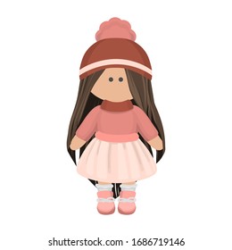 Cute girl doll with long brunette hair in a knitted hat, pink blouse and white skirt. Children's cartoon character rag doll in winter clothes. Vector illustration