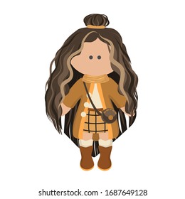 Cute Girl-Puppe mit langem, lockigem Haar aus Brunette in einer weißen Bluse, beigem Rock und Mantel. Kindercartoon Charakter Lappen Puppe in Winterkleidung. Vektorillustration