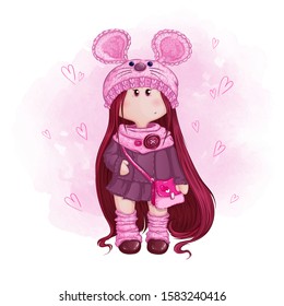 Cute girl doll with long hair in a knitted hat with mouse ears and a pink handbag. Children's cartoon character rag doll in winter clothes.