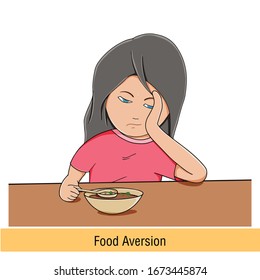 Cute girl don't want to eat. Bored of eating. Pregnancy symptom. Women refused to eating. Isolated flat vector