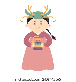 Cute girl in dragon hat, holding traditional Korean gift character illustration. Hand drawn cartoon vector illustration. Flat style design. Seollal holiday card, poster, banner element