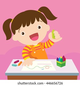 cute girl drawing with colorful pencils