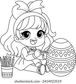 Cute girl drawing easter eggs coloring page. Easter colouring book for kids, black and white vector illustration in a cartoon style
