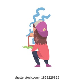 Cute Girl Drawing House on Wall, Kid Drawing with Colorful Chalk Pencils and Crayons, Back View Cartoon Style Vector Illustration