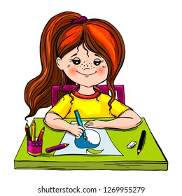 cute girl draws an apple isolated, cute girl draws with pencils