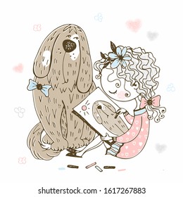 Cute girl draws her pet  big dog.  Vector.