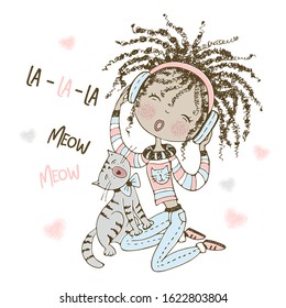 Cute girl with dreadlocks sings while listening to music in headphones. The cat sings along with her. Vector.