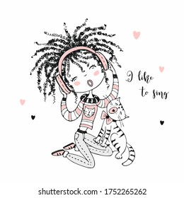 Cute girl with dreadlocks sings while listening to music in headphones. The cat sings along with her. Vector