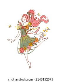 Cute girl in a dress decorated with flowers. Blossom. Summer print.