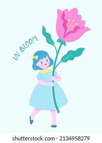Cute girl in a dress holding a big flower. Vector illustration of a small child with a spring flower in trendy retro style. 