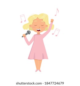 Cute Girl in Dress Holding Microphone and Singing Vector Illustration