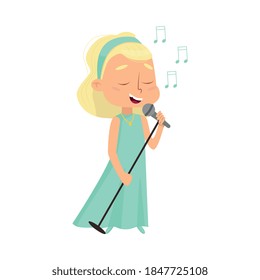 Cute Girl in Dress Holding Microphone and Singing Vector Illustration
