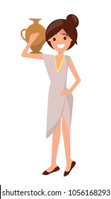 Cute girl in dress with pottery vase on shoulder, vector illustration isolated on white background, grey dress on pretty woman, elegant brown shoes