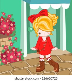 Cute girl dress up with red dress in town
