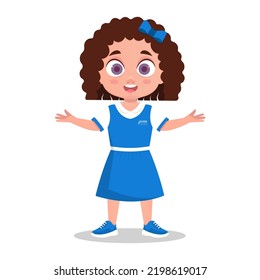 A cute girl in a dress, spreads her palms, cannot make a decision. Vector illustration