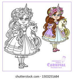 Cute girl in dress and tiara with a plush unicorn in hands color and outlined for coloring page