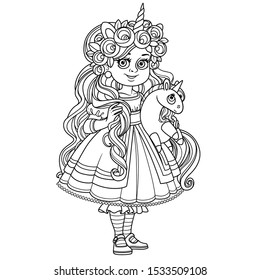 Cute girl in dress and tiara with a plush unicorn in hands outlined for coloring page