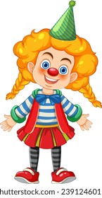 A cute girl dressed as a clown in a charming vector cartoon style