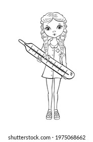 A cute girl dressed as a doctor is holding a thermometer. Coloring page. Cartoon clipart  for kids. Vector illustration.