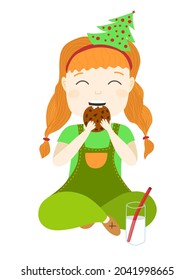 A cute girl dressed as an elf eats cookies and drinks milk. New Year's sweets for children. Girl waiting for Christmas holiday. Girl in a new year costume