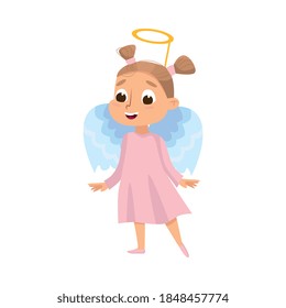 Cute Girl Dressed in Halloween Angel Costume with Nimbus Vector Illustration