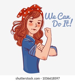 Cute Girl Dressed As The Iconic Rosie The Riveter. We Can Do It. Iconic Woman's Fist/symbol Of Female Power And Industry