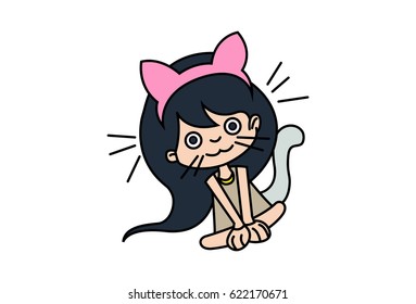 Cute Girl dressed like a cat. Vector Illustration. Isolated on white background.