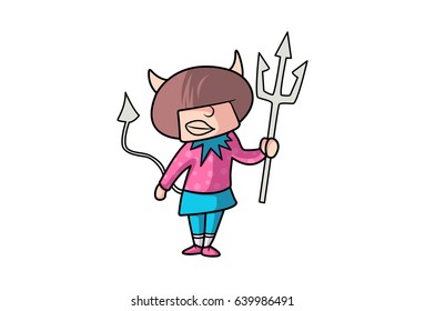 Cute Girl dressed up like  a devil. Vector Illustration. Isolated on white background.