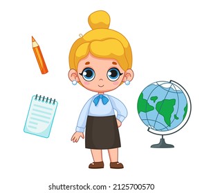 Cute girl dressed as a school teacher and a set of school supplies, a globe, a notepad and a pencil. Profession teacher. Vector illustration of a character in a cartoon style. Isolated clipart