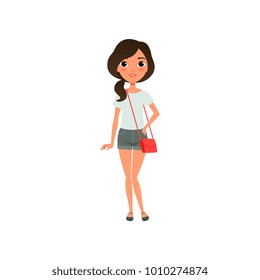 Cute girl dressed in stylish casual clothing blue blouse, gray shorts and red little bag on shoulder. Teenager posing with smiling face. Cartoon flat vector design
