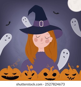 Cute girl dressed as a witch. Halloween vector illustration.