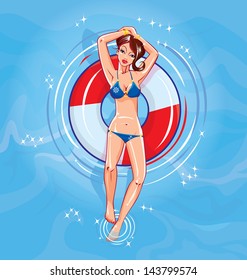 Cute girl dressing bikini floating on a lifebuoy in a swimming pool