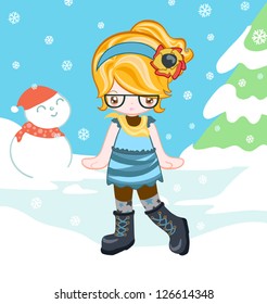 Cute girl dressing up with blue dress in winter