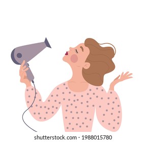 Cute girl dries her hair with a hairdryer. Hair developing from the air, enjoyment of the procedure. Vector illustration