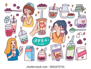 Cute Girl Drink Boba Vector Illustration