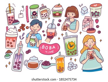 Cute Girl Drink Boba Vector Illustration