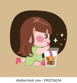 Cute girl drink bubble milk tea. Taiwanese famous and popular drink with black pearls.