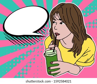 Cute girl drink green tea with speech bubble pop art comic background. Use for poster, banner, flyer, advertising and marketing