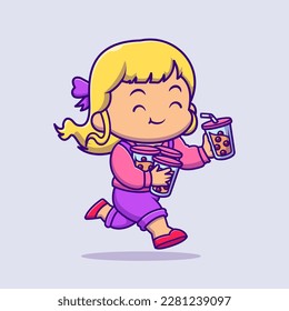 Cute Girl Drinking Boba Milk Tea Cartoon Vector Icon Illustration. People Drink Icon Concept Isolated Premium Vector. Flat Cartoon Style